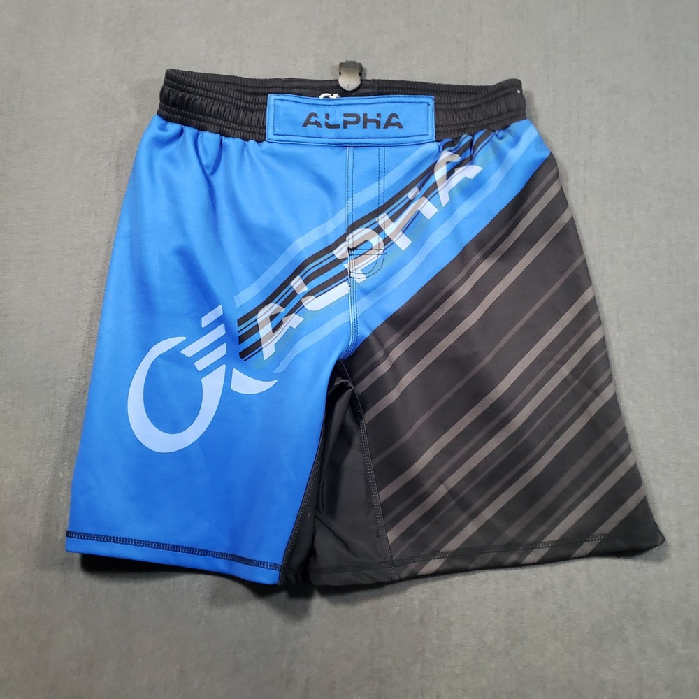 Alpha Authentics MMA Shorts Mens Large Blue‎ Black Striped Athletic Gym Trunks